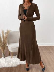 SHEIN Clasi 女士休闲纯色罗纹开衫和半裙两件套 - 棕色 - 查看 3