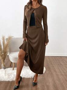 SHEIN Clasi 女士休闲纯色罗纹开衫和半裙两件套 - 棕色 - 查看 8