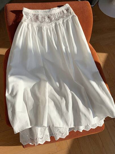 Comfortcana 女士撞色蕾丝腰部百搭A字裙