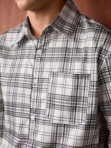 Officeau 男士休闲格子拼接口袋宽松长袖衬衫，适合秋冬季节穿着。 - 彩色 - 查看 7