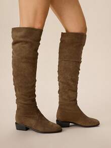Styleloop Women's Pointed Toe Pleated Casual Everyday Versatile Chunky Heel Boots For Christmas - Brown - View 4