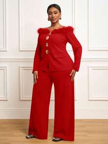 Veslaya 2025 Autumn/Winter New Elegant Vintage Romantic Bohemian Classic Sexy Retro Style Women's Daily Wear, Date, Outing, Party, Avant-Garde Solid Black Off Shoulder Fuzzy Blazer And Wide-Leg Pants 2-Piece Set, Plus Size - Red - View 3
