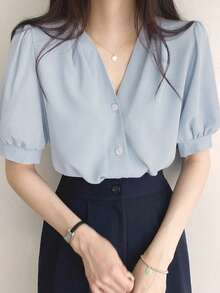 DAZY 純色鈕扣前蓬蓬袖上衣 - 霧霾藍 - 查看 5