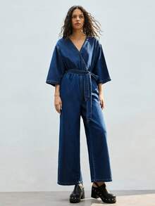 Maija Dark Blue Denim Jumpsuit With V-Neck, Three-Quarter Sleeves, And A Bow Belt.Casual Jumpsuit - Dark Wash - View 5