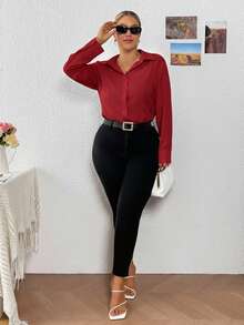 SHEIN PETITE CURVE Women Plus Size Casual Business Solid Color Long Sleeve Bodysuit, Versatile, For Autumn, For Winter - Red - View 5