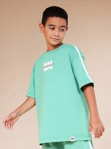 SUMWON Boys Oversized Mint Green T-Shirt And Jogger Set With White Side Stripe Details And Mixed Graphic Text Print Casual Vacation - Green - View 3