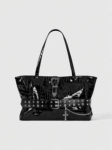 ROMWE Goth Cinturón de cuero con estrella calada, bolso de mensajero de cuero brillante con cadena cruzada