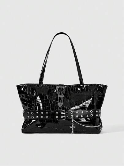 Goth Cinturón de cuero con estrella calada, bolso de mensajero de cuero brillante con cadena cruzada