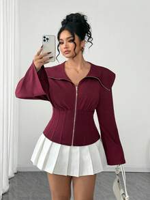 SHEIN Clasi Plus Size Women Zipper Front Cinched Waist Flare Sleeve Sweatshirt, Fashionable & Versatile - Burgundy - View 4