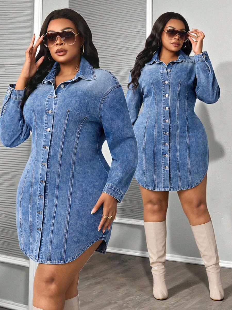 Slaydiva Plus Size Women Long Sleeve Single-Breasted Casual Denim Shirt Dress Party Dress Women's New Year's Eve Dresses Elegant Dress Sexy Dress Woman Jeans Dresses Sister Gifts Party Women Dresses Business Casual Women - Medium Wash - View 1