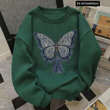 Sudadera casual para mujer con cuello redondo y manga larga, diseño holgado, material cómodo, bordado de mariposa, primavera otoño, uso diario - Verde - Ver 1