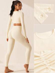 SHEIN Sovereign Charm 无缝高弹力女士运动套装健身女士套装女士紧身裤套装 - 米色 - 查看 5