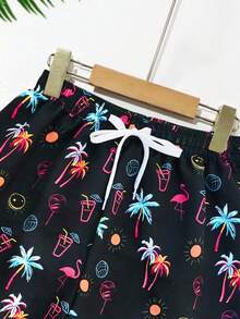 SHEIN 青少年男童抽绳腰带热带植物火烈鸟印花沙滩短裤泳装男童泳裤沙滩短裤热带印花短裤男童印花短裤男士泳裤青少年泳裤火烈鸟沙滩短裤青少年男童沙滩装火烈鸟沙滩短裤 - 黑色 - 查看 4