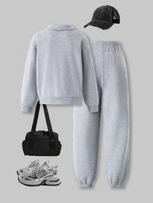 SHEIN ChillGRL 2件套 少女休闲纯色宽松高领长袖卫衣上衣 + 宽松运动裤 - 灰色 - 查看 2