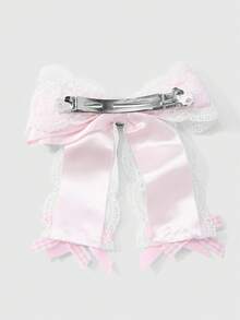 ROMWE Kawaii 1pc Minimalist Elegant Champagne Shiny Mesh Ribbon Faux Pearl Bow DIY Hair Clip, Suitable For Women & Girls Daily Wear, Holiday Gift - Baby Pink - View 5