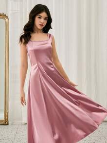 优雅简约时尚方领无袖收腰长款A字裙，纯色缎面亮面粉色连衣裙，适合青少年女孩参加舞会、婚礼等场合。 - 粉色 - 查看 5