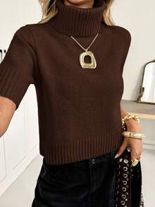 Siren Gaze Damen einfarbiger, vielseitiger Rollkragen-Kurzarm-Strickpullover für Herbst/Winter - Kaffeebraun - Übersicht 7
