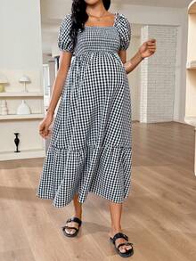 SHEIN Maternity Plaid Ruffle Hem Puff Sleeve Dress, Fashionable For Parties,Maternity Clothes - Black - View 4