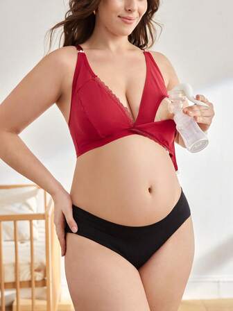 BloomMama Plus Size Maternity Solid Color Lace Trim Nursing Bra