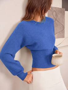 Hanevo Casual Round Neck Drawstring Waist Slim Fit Solid Color Knit Sweater, Versatile For Autumn/Winter - Blue - View 6
