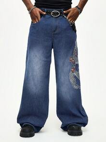 ROMWE MEN Street Life 男士中国龙图案口袋阔腿宽松休闲牛仔裤 - 藍色 - 查看 3