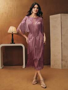 Anewsta Women's Elegant Party Dress, Fringed Beaded Top And Skirt 2 Pieces Set - Dusty Pink - View 6