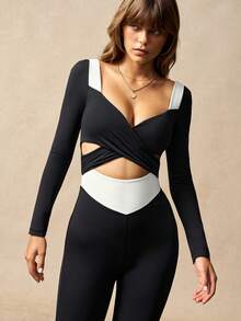 VARSIVA Women's Black And White Color Block Long-Sleeved Jumpsuit With Knotted Ballet Style, Elegant Long Sleeves, Crossover, Simple Casual Jumpsuit, Fitness Wear, Suitable For Yoga Fitness, Spring, Autumn And Winter - Multicolor - View 5