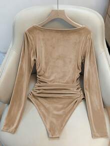 Franclia Elegant, Fitted V-Neck, Long-Sleeved, Gathered Waist, Champagne-Colored Women's Bodysuit In Korean Velvet Fabric. Casual Women's Bodysuit, Elegant Women's Bodysuit, Party Bodysuit, Champagne-Colored Bodysuits.