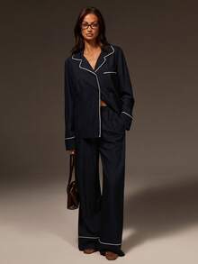 Athîral 女士休闲套装：立领单排扣长袖上衣和抽绳腰带口袋阔腿裤 - 藍色 - 查看 4