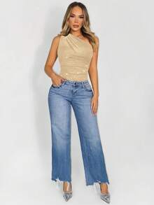 Zolique 纯色不对称领口褶皱优雅无袖连体衣 - 杏色 - 查看 7