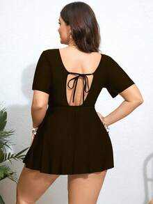 Swim Lushoire Plus Size Solid Color V-Neck Hollow Out Short Sleeve Swimsuit With Shorts Set - Rust Brown - View 2