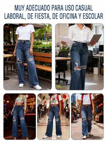 Vaqueros anchos rotos para mujer, con bolsillos, efecto desgastado, talla grande, sin elasticidad, vaqueros rectos de tiro alto, estilo retro moderno, ideales para uso diario, cómodos e informales, ideales para cualquier temporada - Azul - Ver 8
