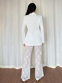 Almamuse Women's Elegant Loose Double-Breasted Long Sleeve Blazer Jacket And Flared Lace Pants Set, Spring/Autumn White Blazer Women Women Suit Set White Suits For Woman White Pants Suit Women White Outfits - White - View 2