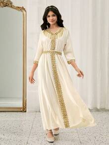 Teenage White Long Dress With Short Sleeves, Middle Eastern Style Long Robe With Fringe - White - View 4