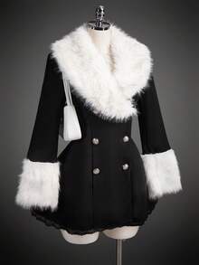 SHEIN ICON Women's Autumn/Winter Fashion Patchwork Faux Fur Double-Breasted Lace Trim Padded Coat - Black and White - View 8