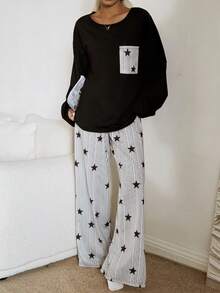 Dream Adore Women's Casual Loose Round Neck Striped & Star Print Pajama Set - Black and White - View 3