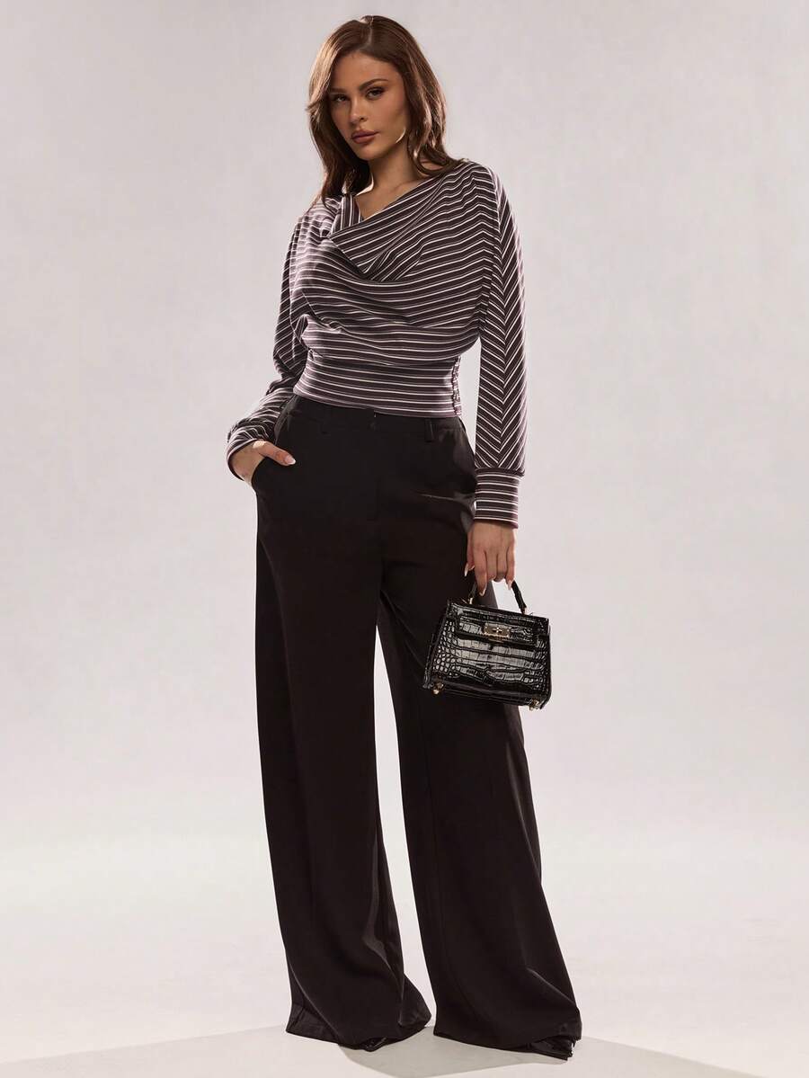Glamine Fashion Multi-Color Striped Winter Cowl Neck Casual Women's T-Shirt - Multicolor - View 1