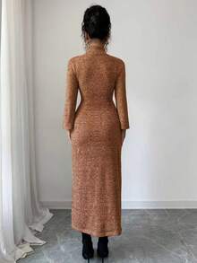 Modelyn Vestido de punto ajustado con cuello alto y abertura, otoño/invierno - Naranja - Ver 2