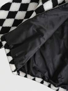 ROMWE MEN 男士棋盘格纹羊羔绒夹克，宽松版型 - 黑與白 - 查看 4