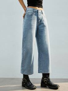Maija 女士休闲日常通勤简约百搭纯色低腰宽松直筒九分牛仔裤 - 淺色水洗藍 - 查看 4