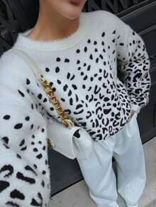 SHEIN Cottnline Moher Yarn Pullover Leopard Pattern Pullover Fall Winter - Army Green - View 6