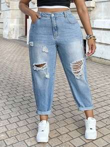 Dripcurv Spodnie jeansowe Plus Size Slim Fit Ripped Tapered, niebieskie, luźne, z rozdarciami i zwężanymi nogawkami, długość 7/8, dżinsy z wysokim stanem i podwiniętym dołem, na koncert country / rave / festiwal rave / Nashville / Ibiza, eleganckie, boho / bohemia / boho; kowbojka / kowboj, brunch, prezent na Dzień Matki
