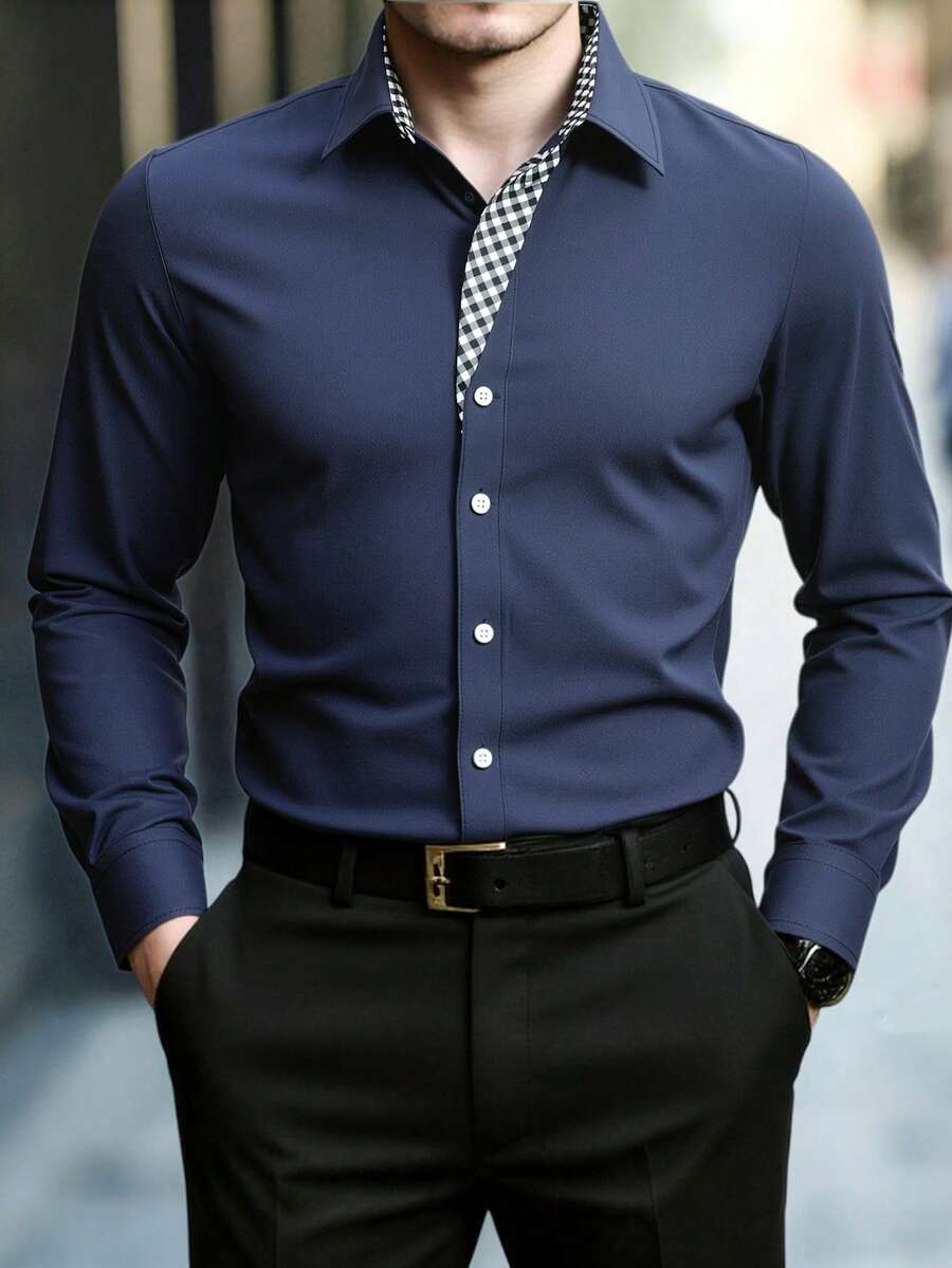 Manfinity Mode 男士休闲/办公通勤格子印花拼接长袖衬衫，春秋季 - 藏蓝色 - 查看 1