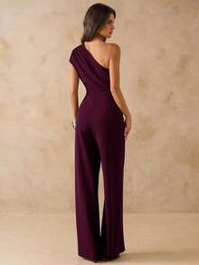 SHEIN BAE 黑色不对称单肩修身阔腿连体裤，优雅百搭，适合日常、约会、派对等场合，单肩不对称连体裤 - 紫紅色 - 查看 2