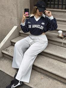 SHEIN EZwear Quần kẻ sọc đen bên hông cỡ lớn dành cho nữ, tối giản và thời trang, phù hợp để mặc thường ngày, mùa tốt nghiệp, trang phục trở lại trường, lễ tốt nghiệp, trang phục giáo viên nữ, mùa trở lại trường - Màu Xám nhạt - Xem 7