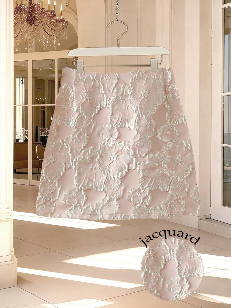 GlowEve CURVE 大码女式优雅提花弹力腰半身裙 - 粉色 - 查看 1