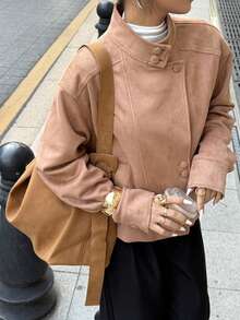 Elyressa 女士纯色前扣口袋休闲长袖常规外套 - 卡其色 - 查看 3