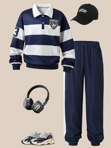 Casuvi Kids 5-Piece Set: Casual Striped & Plaid Letter Print Polo Collar Long Sleeve Sweatshirt + Elastic Waist Jogger Pants, Loose Fit, Suitable For Boys, Spring/Summer/Autumn, Versatile For Daily Wear, Birthday Party, School Activities, Family Gathering, Formal Occasions - Multicolor - View 1