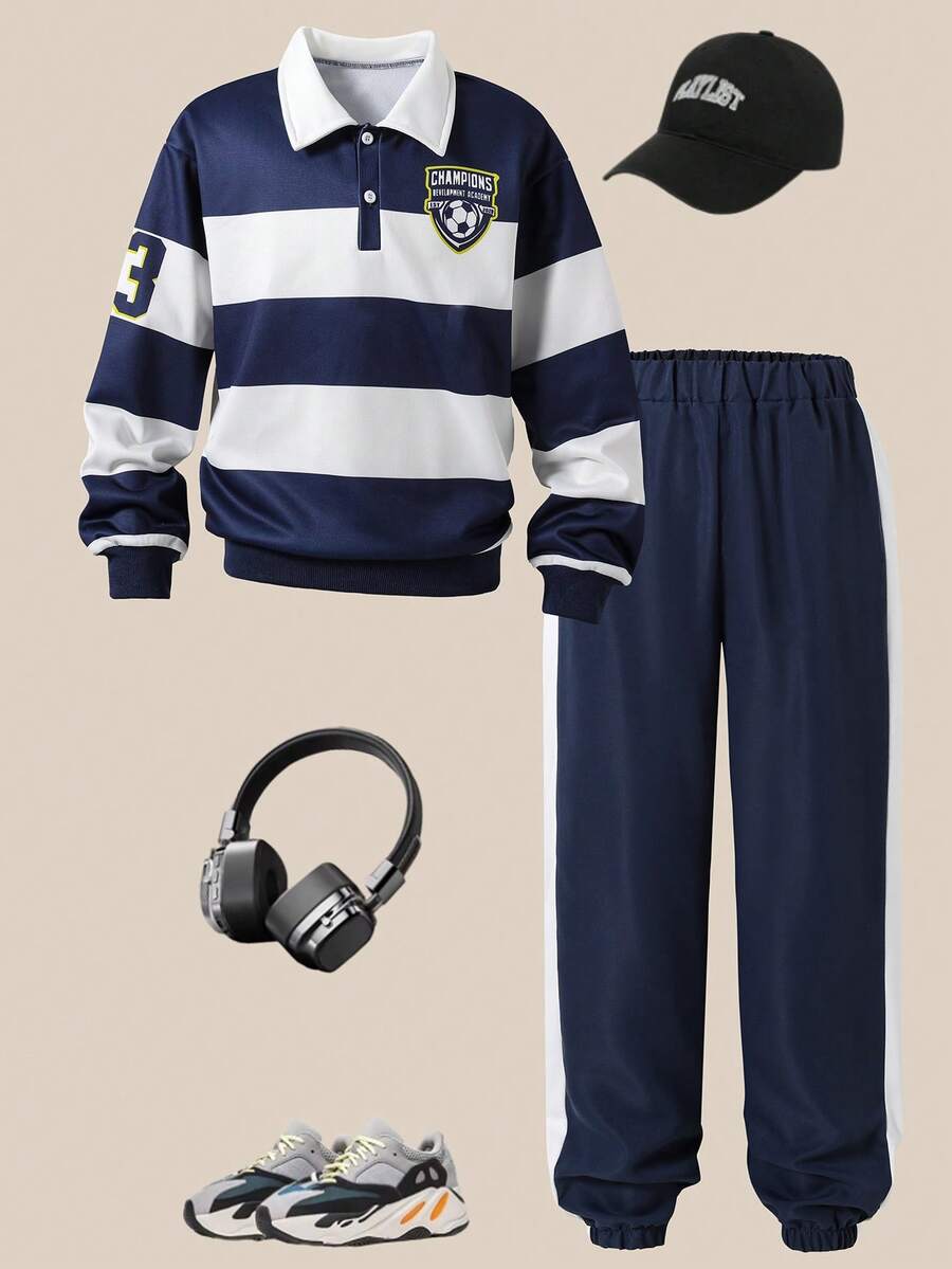 Casuvi Kids 5-Piece Set: Casual Striped & Plaid Letter Print Polo Collar Long Sleeve Sweatshirt + Elastic Waist Jogger Pants, Loose Fit, Suitable For Boys, Spring/Summer/Autumn, Versatile For Daily Wear, Birthday Party, School Activities, Family Gathering, Formal Occasions - Multicolor - View 1