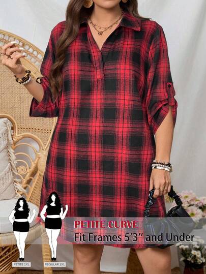 SHEIN PETITE CURVE Plus Size Casual Minimalist Style Everyday Dress Break Boho/Bohemian,Holiday Outfits,Resort Dresses, Outdoor Essential For Daily Wear Sundress Casual Plaid Dress Women Casual Daily Wear, Commute Elegant Office Outfits For Women